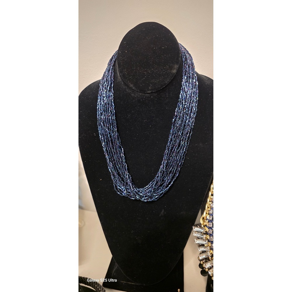Necklace Statement Navy Blue Multi-Strand Seed Acrylic Beaded Womens